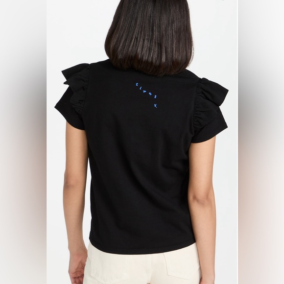 Clare V cotton black iconic OUI top with black ruffle sleeves. - Picture 2 of 6